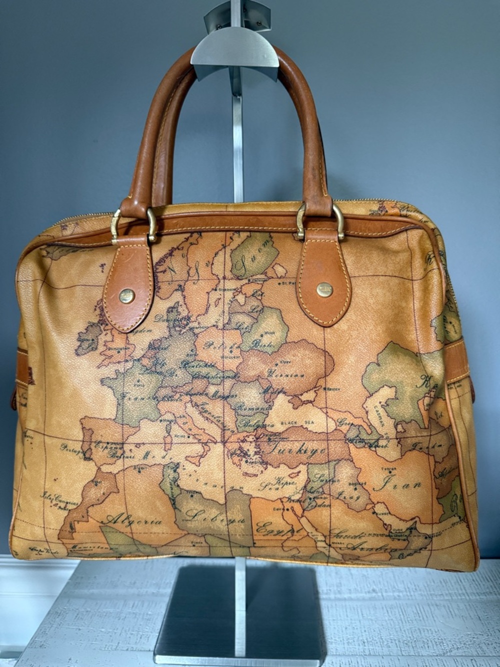 Alviero Martini Map-Print Satchel in Tan and Olive